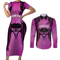 Personalised Moko Kauae New Zealand Couples Matching Short Sleeve Bodycon Dress and Long Sleeve Button Shirt Maori Chin Tattoo Pink LT14 Pink - Polynesian Pride