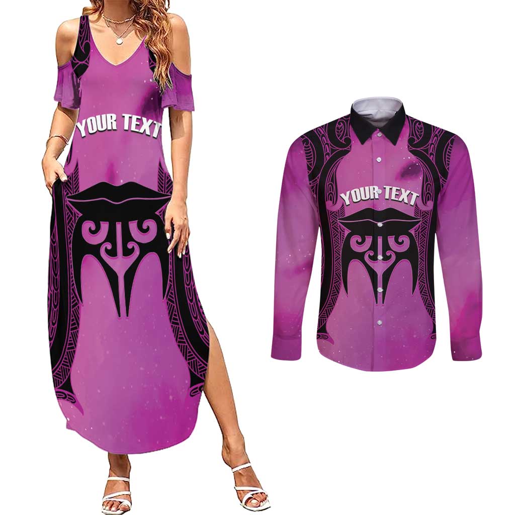 Personalised Moko Kauae New Zealand Couples Matching Summer Maxi Dress and Long Sleeve Button Shirt Maori Chin Tattoo Pink - Polynesian Pride
