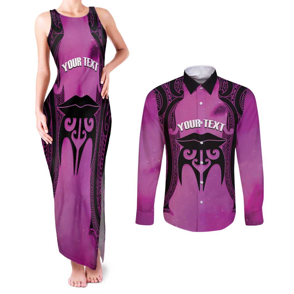 Personalised Moko Kauae New Zealand Couples Matching Tank Maxi Dress and Long Sleeve Button Shirt Maori Chin Tattoo Pink - Polynesian Pride