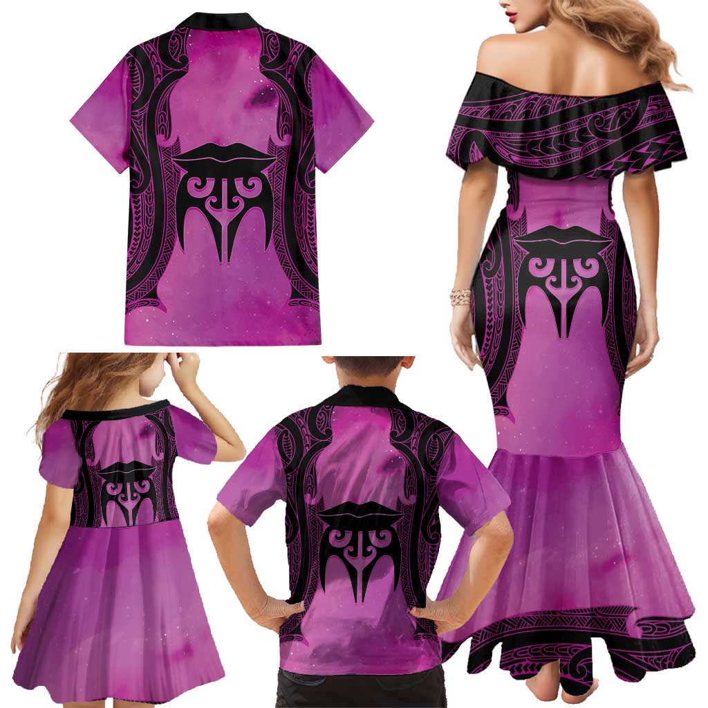 Personalised Moko Kauae New Zealand Family Matching Mermaid Dress and Hawaiian Shirt Maori Chin Tattoo Pink LT14 - Polynesian Pride