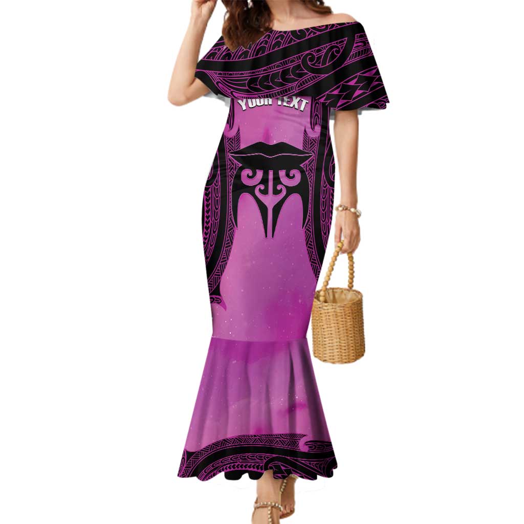 Personalised Moko Kauae New Zealand Family Matching Mermaid Dress and Hawaiian Shirt Maori Chin Tattoo Pink LT14 Mom's Dress Pink - Polynesian Pride