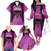 Personalised Moko Kauae New Zealand Family Matching Off The Shoulder Long Sleeve Dress and Hawaiian Shirt Maori Chin Tattoo Pink LT14 - Polynesian Pride