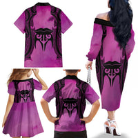 Personalised Moko Kauae New Zealand Family Matching Off The Shoulder Long Sleeve Dress and Hawaiian Shirt Maori Chin Tattoo Pink LT14 - Polynesian Pride