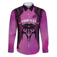Personalised Moko Kauae New Zealand Family Matching Off The Shoulder Long Sleeve Dress and Hawaiian Shirt Maori Chin Tattoo Pink LT14 Dad's Shirt - Long Sleeve Pink - Polynesian Pride