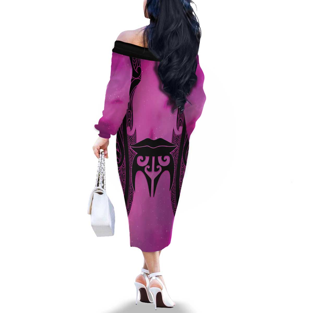 Personalised Moko Kauae New Zealand Family Matching Off The Shoulder Long Sleeve Dress and Hawaiian Shirt Maori Chin Tattoo Pink LT14 - Polynesian Pride