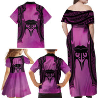 Personalised Moko Kauae New Zealand Family Matching Off Shoulder Maxi Dress and Hawaiian Shirt Maori Chin Tattoo Pink LT14 - Polynesian Pride