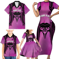 Personalised Moko Kauae New Zealand Family Matching Short Sleeve Bodycon Dress and Hawaiian Shirt Maori Chin Tattoo Pink LT14 - Polynesian Pride
