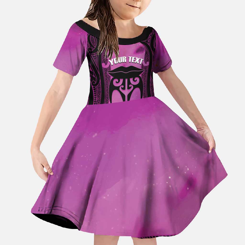 Personalised Moko Kauae New Zealand Family Matching Tank Maxi Dress and Hawaiian Shirt Maori Chin Tattoo Pink LT14 Daughter's Dress Pink - Polynesian Pride