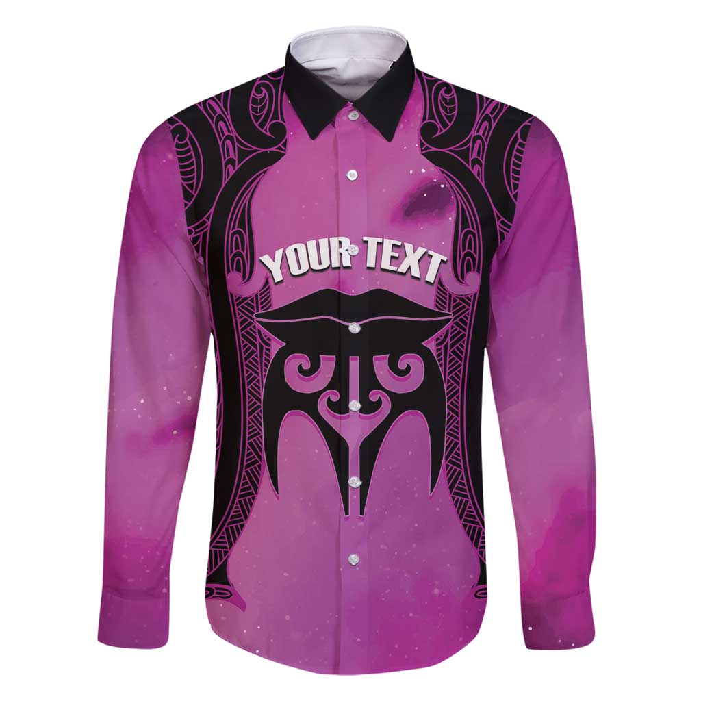 Personalised Moko Kauae New Zealand Family Matching Tank Maxi Dress and Hawaiian Shirt Maori Chin Tattoo Pink LT14 Dad's Shirt - Long Sleeve Pink - Polynesian Pride