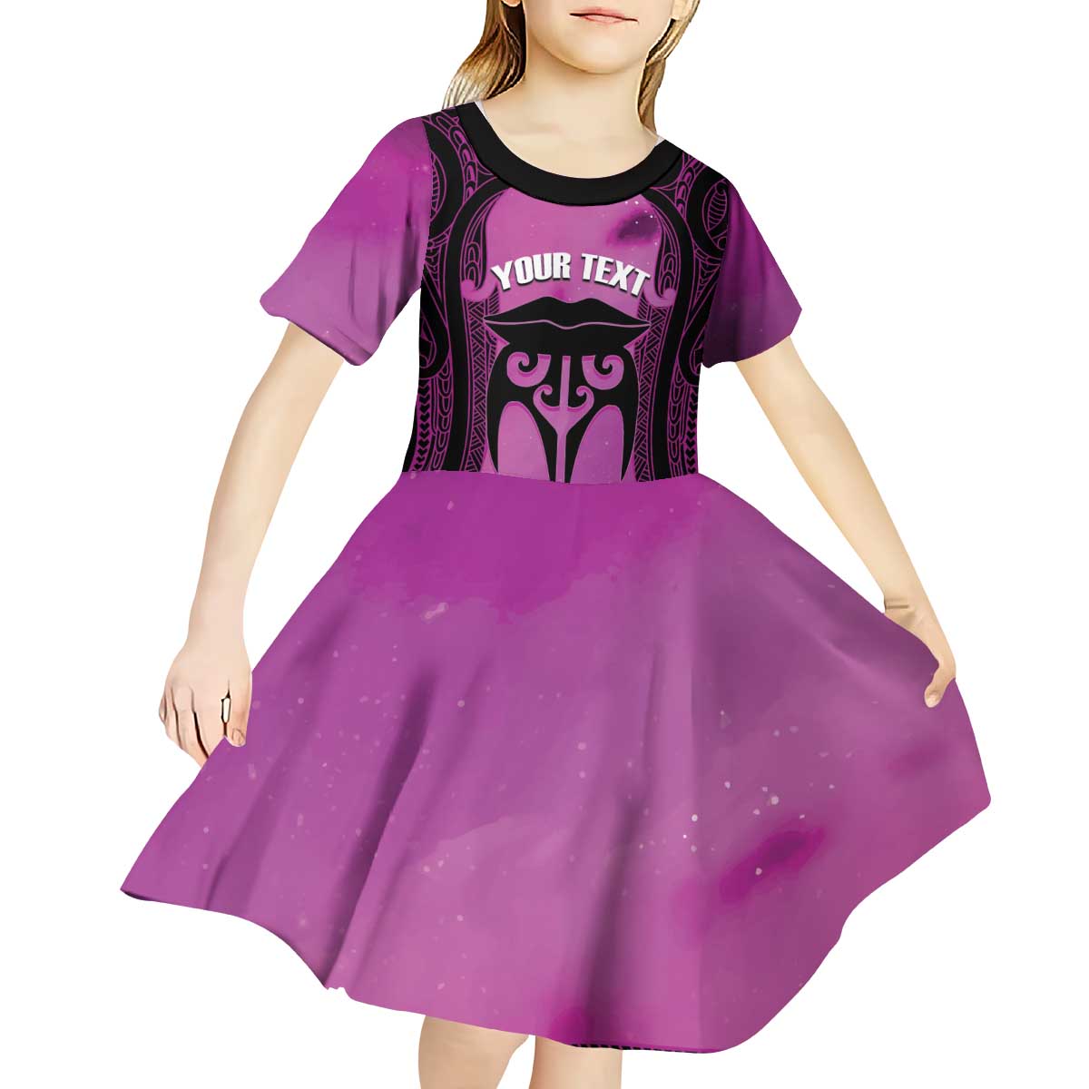 Personalised Moko Kauae New Zealand Kid Short Sleeve Dress Maori Chin Tattoo Pink LT14 - Polynesian Pride