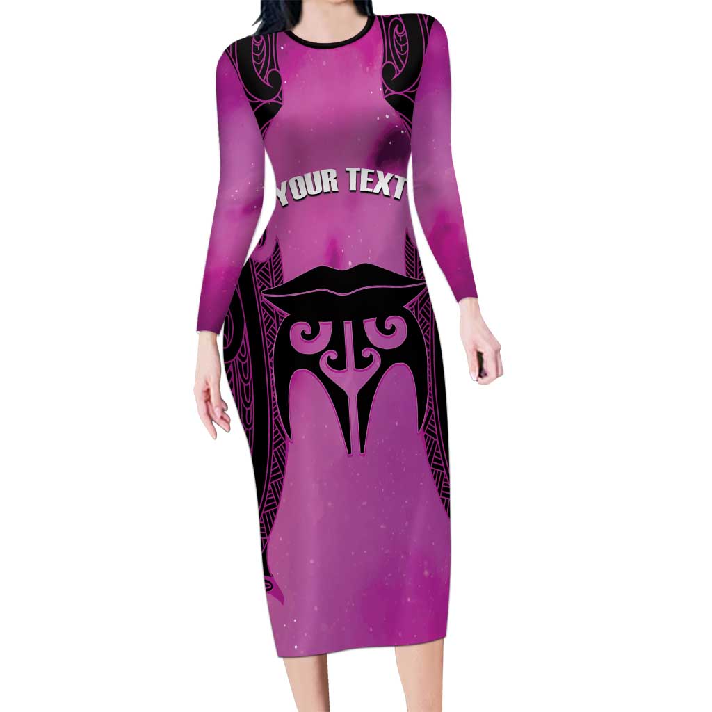 Personalised Moko Kauae New Zealand Long Sleeve Bodycon Dress Maori Chin Tattoo Pink LT14 Long Dress Pink - Polynesian Pride