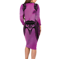 Personalised Moko Kauae New Zealand Long Sleeve Bodycon Dress Maori Chin Tattoo Pink LT14 - Polynesian Pride