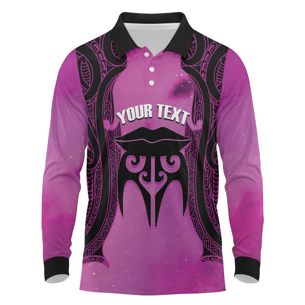 Personalised Moko Kauae New Zealand Long Sleeve Polo Shirt Maori Chin Tattoo Pink LT14 Pink - Polynesian Pride
