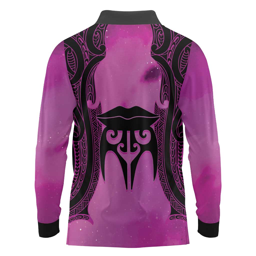 Personalised Moko Kauae New Zealand Long Sleeve Polo Shirt Maori Chin Tattoo Pink LT14 - Polynesian Pride