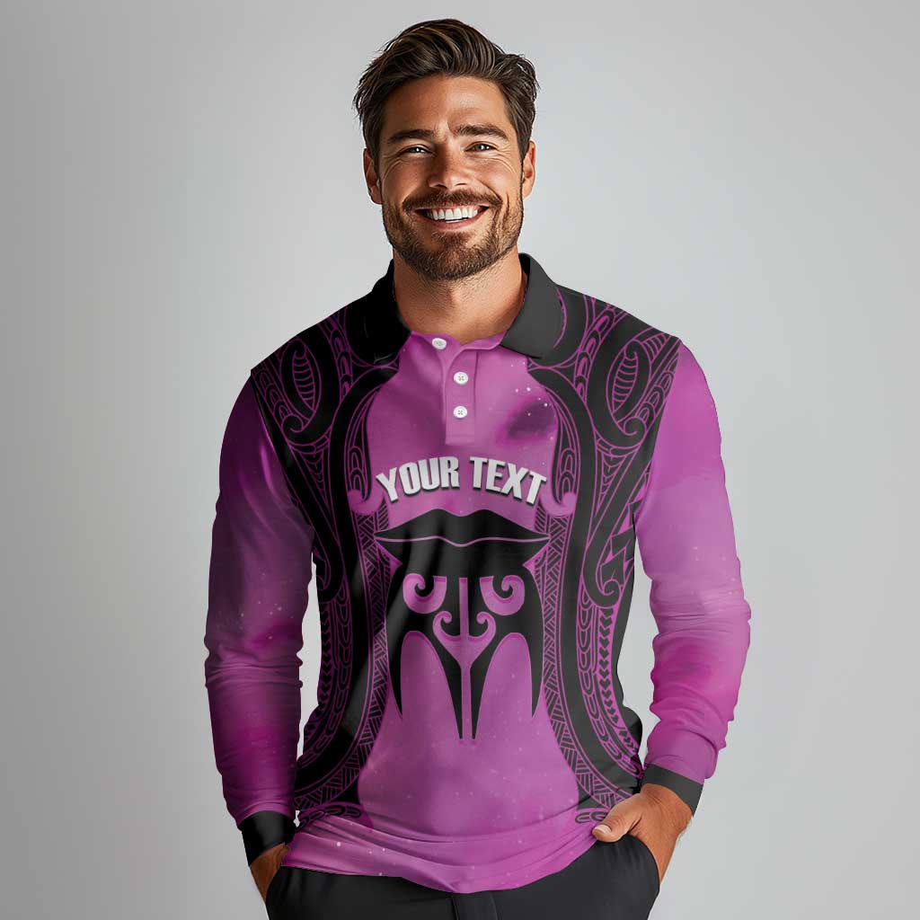 Personalised Moko Kauae New Zealand Long Sleeve Polo Shirt Maori Chin Tattoo Pink LT14 - Polynesian Pride