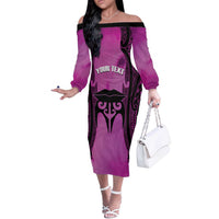 Personalised Moko Kauae New Zealand Off The Shoulder Long Sleeve Dress Maori Chin Tattoo Pink LT14 Women Pink - Polynesian Pride