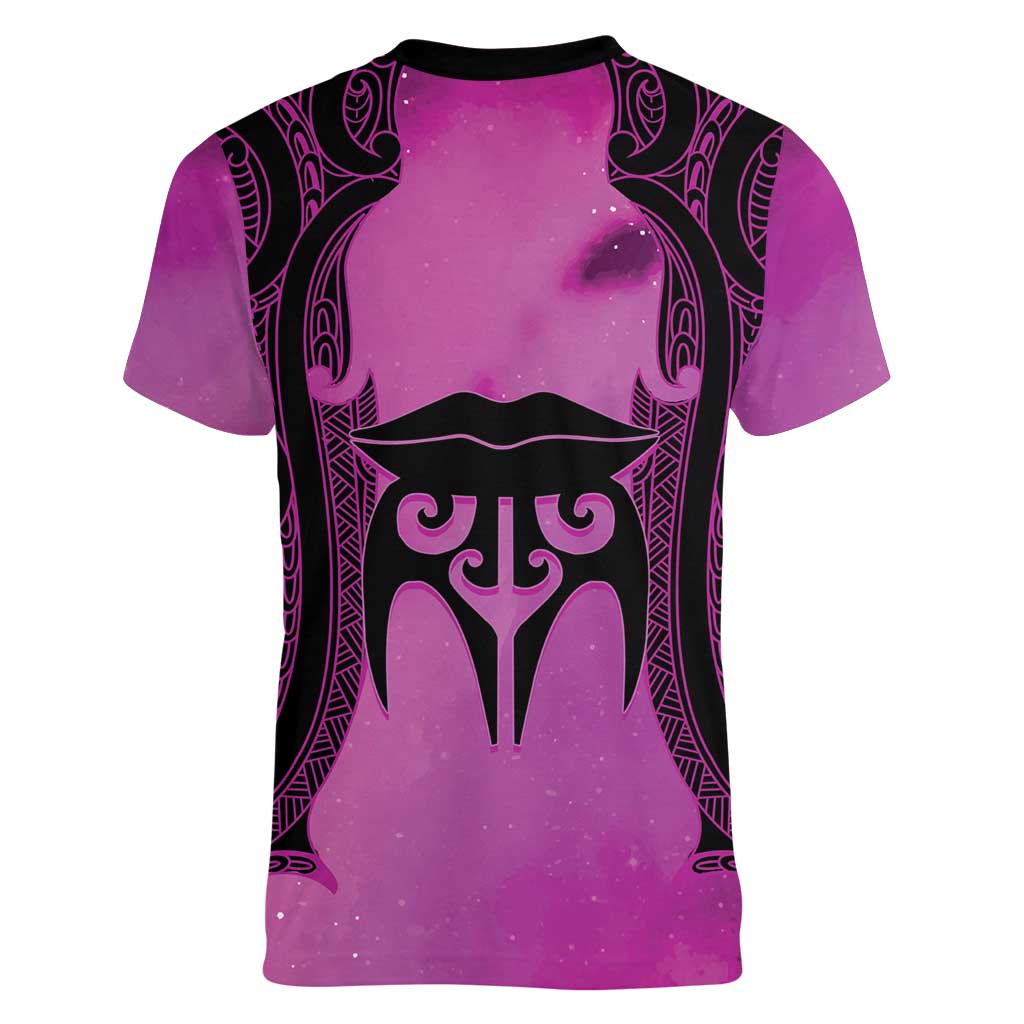 Personalised Moko Kauae New Zealand Women V-Neck T-Shirt Maori Chin Tattoo Pink - Polynesian Pride