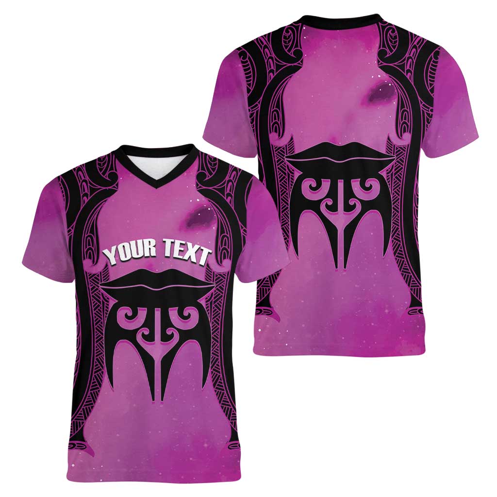 Personalised Moko Kauae New Zealand Women V-Neck T-Shirt Maori Chin Tattoo Pink - Polynesian Pride