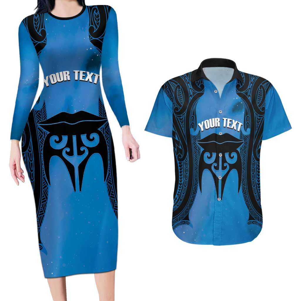 Personalised Moko Kauae New Zealand Couples Matching Long Sleeve Bodycon Dress and Hawaiian Shirt Maori Chin Tattoo Blue LT14 Blue - Polynesian Pride