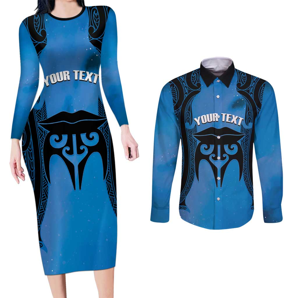 Personalised Moko Kauae New Zealand Couples Matching Long Sleeve Bodycon Dress and Long Sleeve Button Shirt Maori Chin Tattoo Blue LT14 Blue - Polynesian Pride