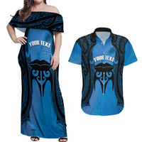 Personalised Moko Kauae New Zealand Couples Matching Off Shoulder Maxi Dress and Hawaiian Shirt Maori Chin Tattoo Blue LT14 Blue - Polynesian Pride