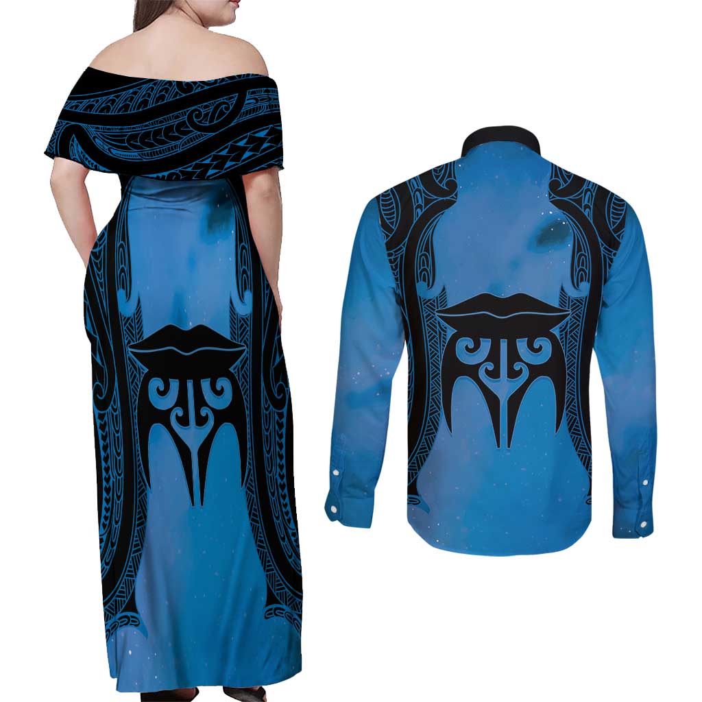 Personalised Moko Kauae New Zealand Couples Matching Off Shoulder Maxi Dress and Long Sleeve Button Shirt Maori Chin Tattoo Blue LT14 - Polynesian Pride