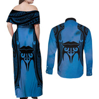 Personalised Moko Kauae New Zealand Couples Matching Off Shoulder Maxi Dress and Long Sleeve Button Shirt Maori Chin Tattoo Blue LT14 - Polynesian Pride