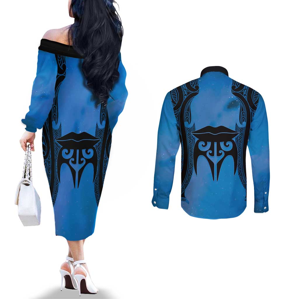 Personalised Moko Kauae New Zealand Couples Matching Off The Shoulder Long Sleeve Dress and Long Sleeve Button Shirt Maori Chin Tattoo Blue LT14 - Polynesian Pride