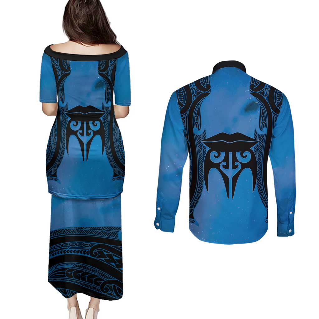 Personalised Moko Kauae New Zealand Couples Matching Puletasi and Long Sleeve Button Shirt Maori Chin Tattoo Blue LT14 - Polynesian Pride
