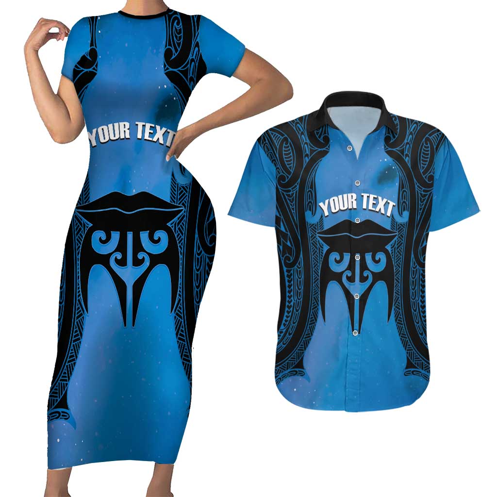 Personalised Moko Kauae New Zealand Couples Matching Short Sleeve Bodycon Dress and Hawaiian Shirt Maori Chin Tattoo Blue - Polynesian Pride