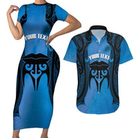Personalised Moko Kauae New Zealand Couples Matching Short Sleeve Bodycon Dress and Hawaiian Shirt Maori Chin Tattoo Blue LT14 Blue - Polynesian Pride