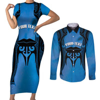 Personalised Moko Kauae New Zealand Couples Matching Short Sleeve Bodycon Dress and Long Sleeve Button Shirt Maori Chin Tattoo Blue LT14 Blue - Polynesian Pride