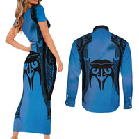 Personalised Moko Kauae New Zealand Couples Matching Short Sleeve Bodycon Dress and Long Sleeve Button Shirt Maori Chin Tattoo Blue LT14 - Polynesian Pride