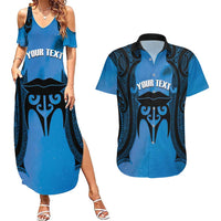 Personalised Moko Kauae New Zealand Couples Matching Summer Maxi Dress and Hawaiian Shirt Maori Chin Tattoo Blue LT14 Blue - Polynesian Pride