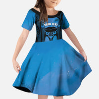 Personalised Moko Kauae New Zealand Family Matching Long Sleeve Bodycon Dress and Hawaiian Shirt Maori Chin Tattoo Blue LT14 Daughter's Dress Blue - Polynesian Pride