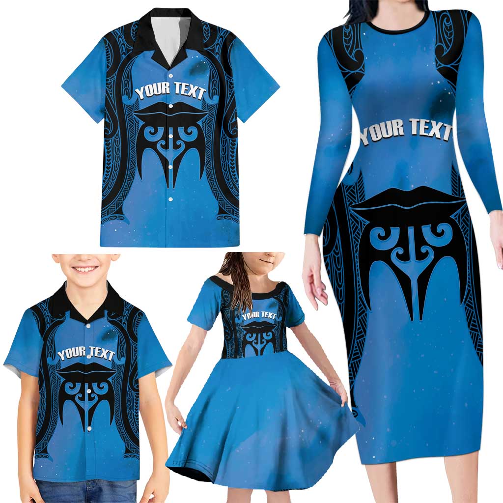 Personalised Moko Kauae New Zealand Family Matching Long Sleeve Bodycon Dress and Hawaiian Shirt Maori Chin Tattoo Blue LT14 - Polynesian Pride