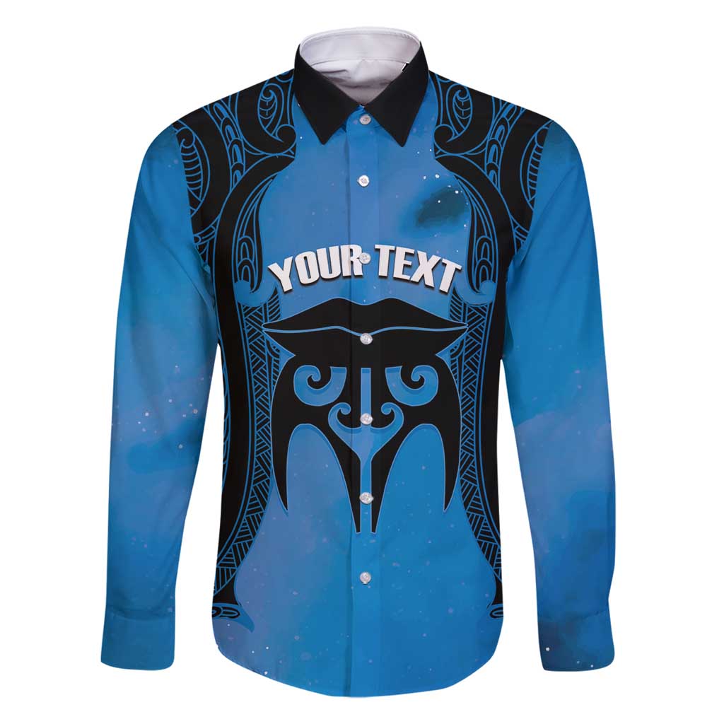 Personalised Moko Kauae New Zealand Family Matching Long Sleeve Bodycon Dress and Hawaiian Shirt Maori Chin Tattoo Blue LT14 Dad's Shirt - Long Sleeve Blue - Polynesian Pride