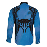Personalised Moko Kauae New Zealand Family Matching Long Sleeve Bodycon Dress and Hawaiian Shirt Maori Chin Tattoo Blue LT14 - Polynesian Pride