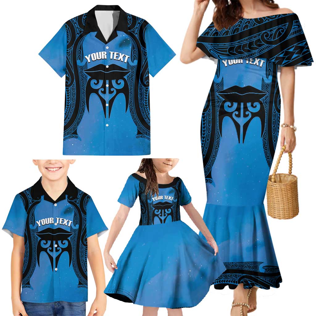 Personalised Moko Kauae New Zealand Family Matching Mermaid Dress and Hawaiian Shirt Maori Chin Tattoo Blue LT14 - Polynesian Pride