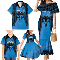 Personalised Moko Kauae New Zealand Family Matching Mermaid Dress and Hawaiian Shirt Maori Chin Tattoo Blue LT14 - Polynesian Pride