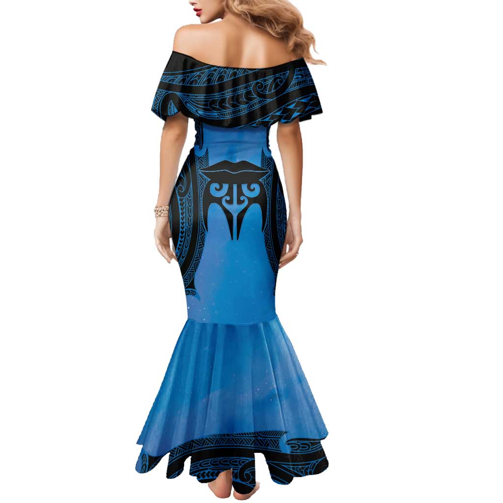 Personalised Moko Kauae New Zealand Family Matching Mermaid Dress and Hawaiian Shirt Maori Chin Tattoo Blue LT14 - Polynesian Pride