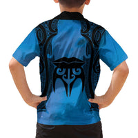 Personalised Moko Kauae New Zealand Family Matching Off The Shoulder Long Sleeve Dress and Hawaiian Shirt Maori Chin Tattoo Blue LT14 - Polynesian Pride