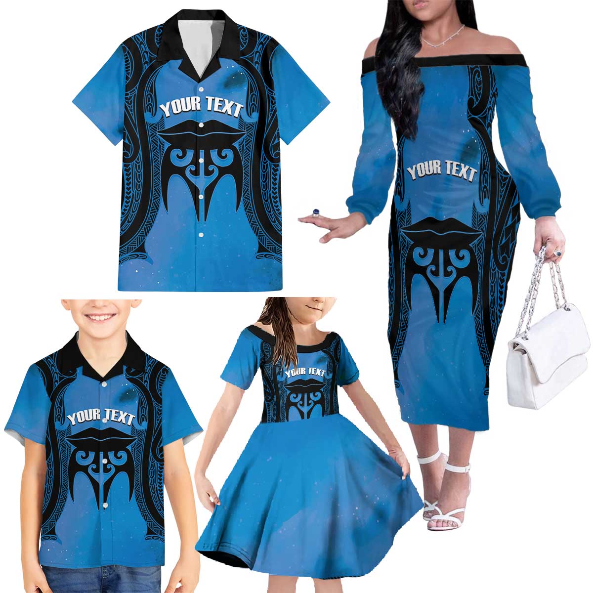 Personalised Moko Kauae New Zealand Family Matching Off The Shoulder Long Sleeve Dress and Hawaiian Shirt Maori Chin Tattoo Blue LT14 - Polynesian Pride