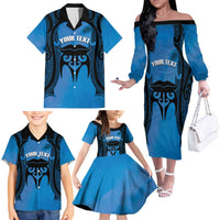 Personalised Moko Kauae New Zealand Family Matching Off The Shoulder Long Sleeve Dress and Hawaiian Shirt Maori Chin Tattoo Blue LT14 - Polynesian Pride