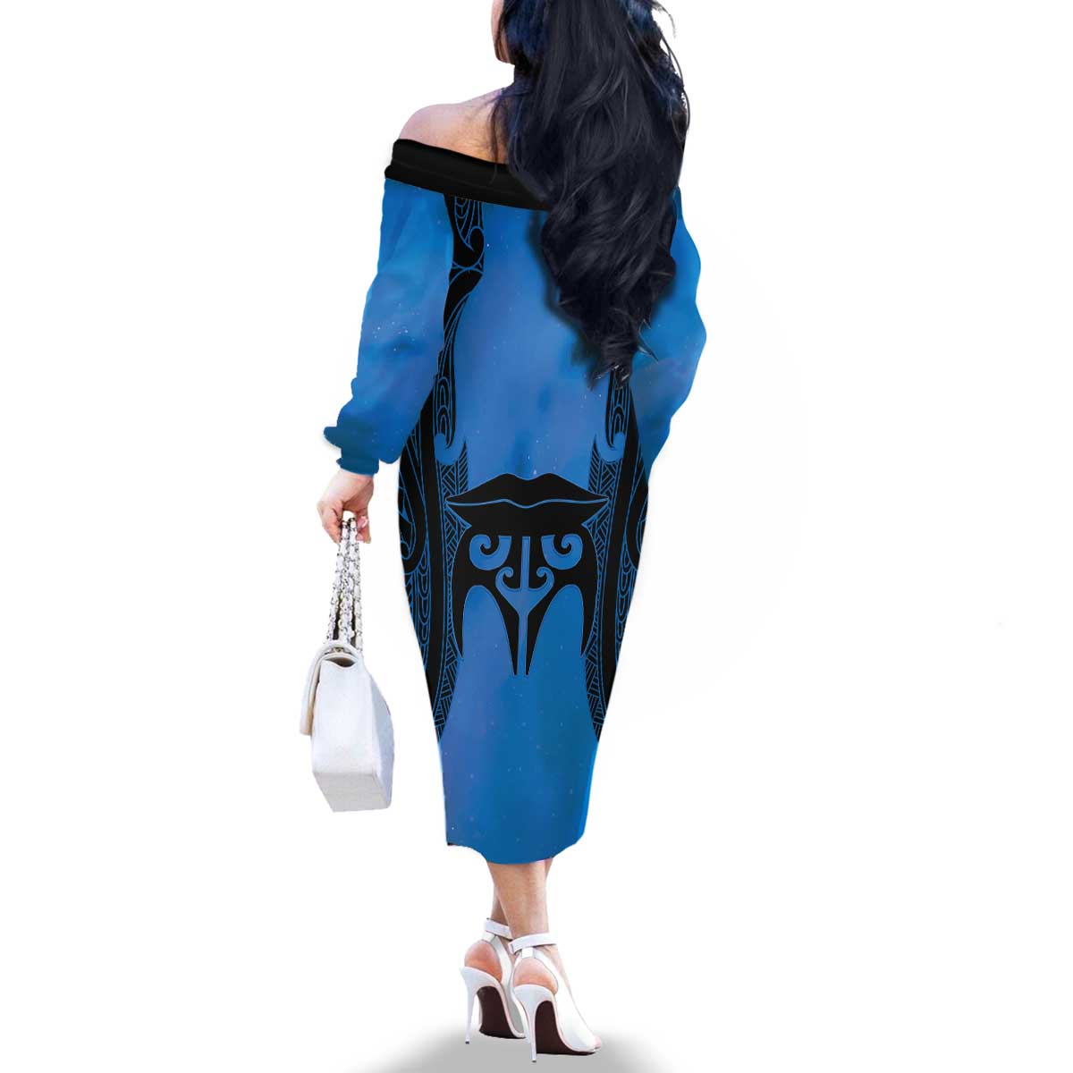 Personalised Moko Kauae New Zealand Family Matching Off The Shoulder Long Sleeve Dress and Hawaiian Shirt Maori Chin Tattoo Blue LT14 - Polynesian Pride