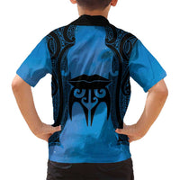 Personalised Moko Kauae New Zealand Family Matching Off Shoulder Maxi Dress and Hawaiian Shirt Maori Chin Tattoo Blue LT14 - Polynesian Pride