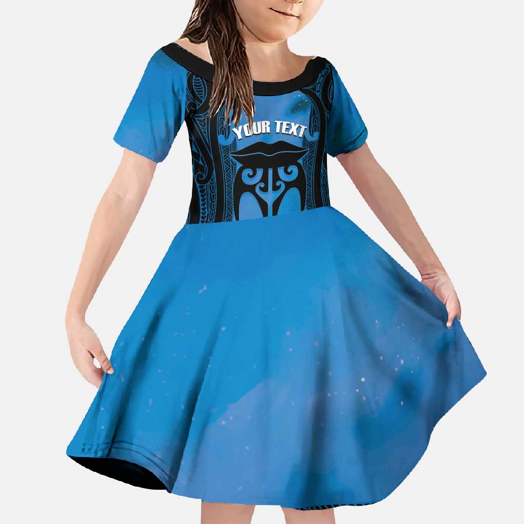 Personalised Moko Kauae New Zealand Family Matching Off Shoulder Maxi Dress and Hawaiian Shirt Maori Chin Tattoo Blue LT14 Daughter's Dress Blue - Polynesian Pride
