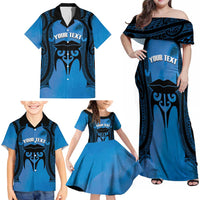 Personalised Moko Kauae New Zealand Family Matching Off Shoulder Maxi Dress and Hawaiian Shirt Maori Chin Tattoo Blue LT14 - Polynesian Pride