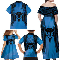 Personalised Moko Kauae New Zealand Family Matching Off Shoulder Maxi Dress and Hawaiian Shirt Maori Chin Tattoo Blue LT14 - Polynesian Pride