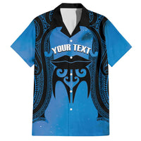Personalised Moko Kauae New Zealand Family Matching Off Shoulder Maxi Dress and Hawaiian Shirt Maori Chin Tattoo Blue LT14 Dad's Shirt - Short Sleeve Blue - Polynesian Pride